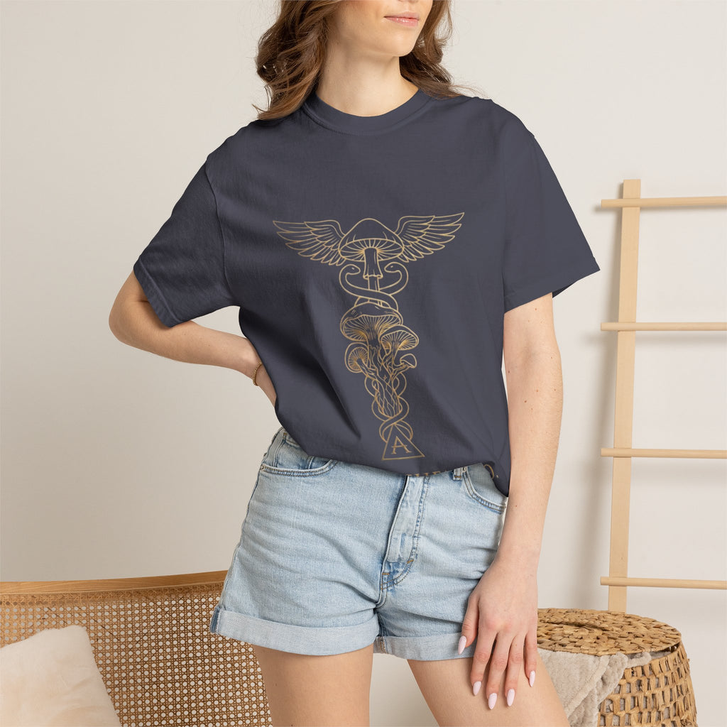 Myco Alchemy Co. Caduceus Mushroom Illustration T-Shirt | Apothecary Symbol Tee