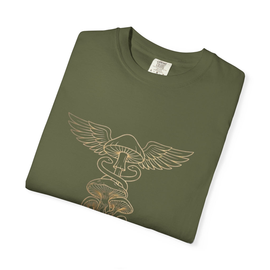 Myco Alchemy Co. Caduceus Mushroom Illustration T-Shirt | Apothecary Symbol Tee