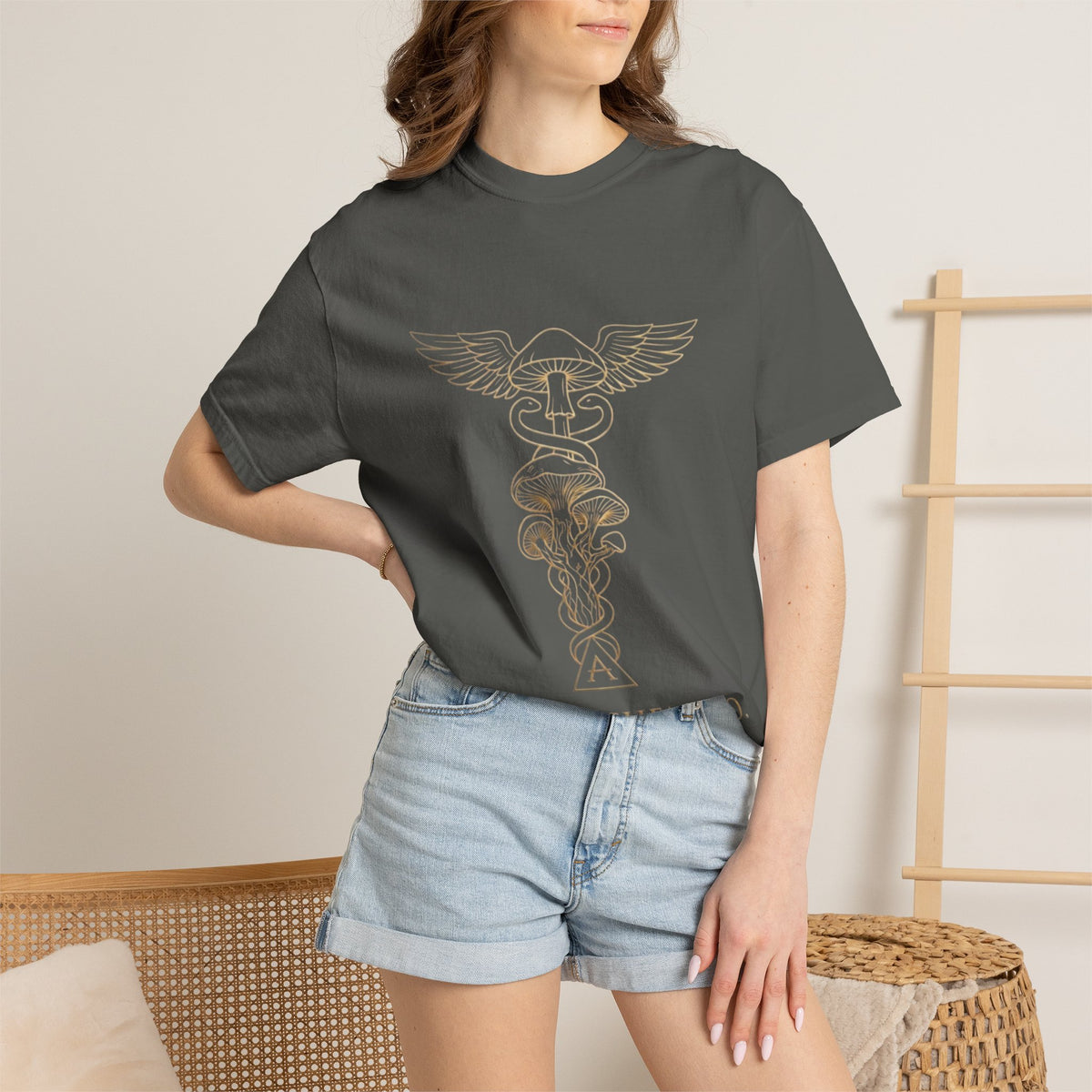 Myco Alchemy Co. Caduceus Mushroom Illustration T-Shirt | Apothecary Symbol Tee